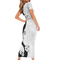 Polynesia Hibiscus Family Matching Short Sleeve Bodycon Dress and Hawaiian Shirt White Curve Motif - Polynesian Pride