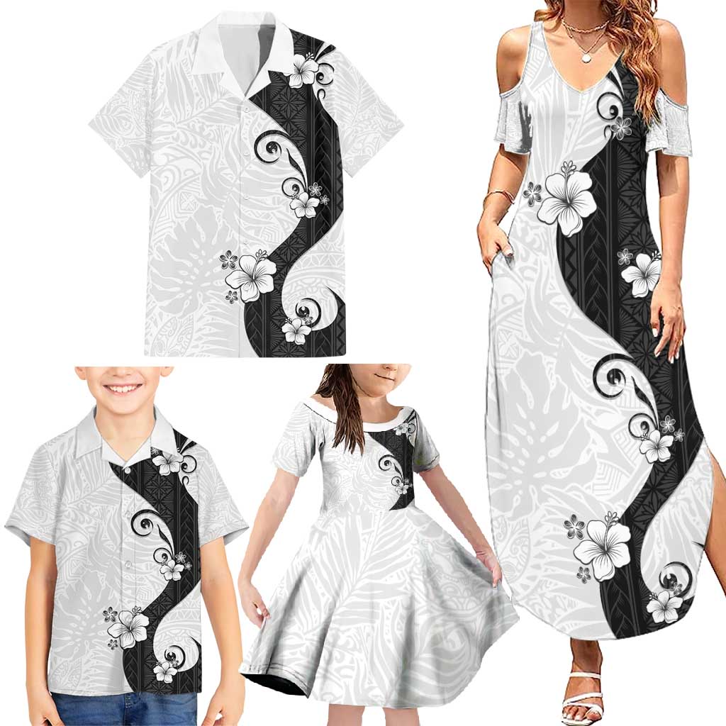 Polynesia Hibiscus Family Matching Summer Maxi Dress and Hawaiian Shirt White Curve Motif - Polynesian Pride
