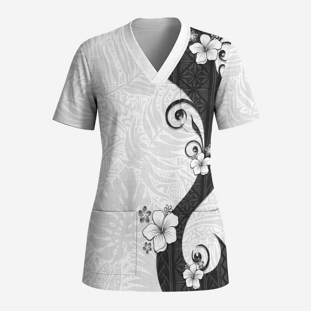 Polynesia Hibiscus Scrub Top White Curve Motif LT05 Adult White - Polynesian Pride