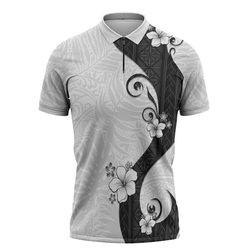 Polynesia Hibiscus Zipper Polo Shirt White Curve Motif - Polynesian Pride