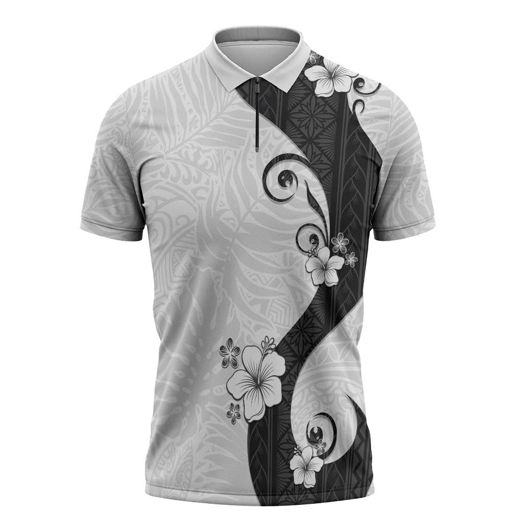 Polynesia Hibiscus Zipper Polo Shirt White Curve Motif - Polynesian Pride
