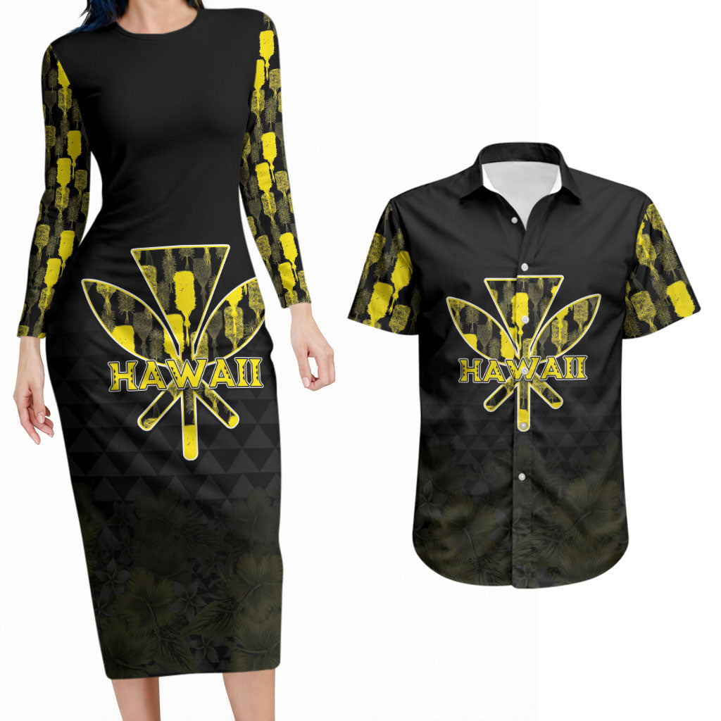 Personalised Aloha Hawaii Kahili Couples Matching Long Sleeve Bodycon Dress and Hawaiian Shirt Kanaka Maoli With Kakau Pattern LT05 Black - Polynesian Pride