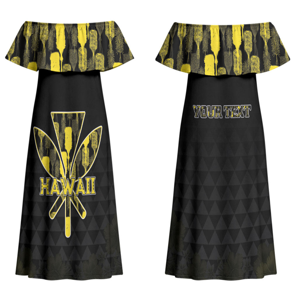 Personalised Aloha Hawaii Kahili Couples Matching Off Shoulder Maxi Dress and Long Sleeve Button Shirt Kanaka Maoli With Kakau Pattern
