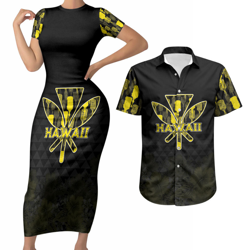 Personalised Aloha Hawaii Kahili Couples Matching Short Sleeve Bodycon Dress and Hawaiian Shirt Kanaka Maoli With Kakau Pattern LT05 Black - Polynesian Pride