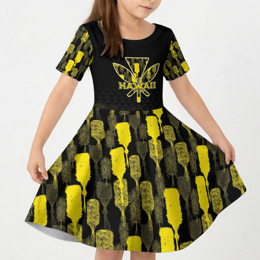 Personalised Aloha Hawaii Kahili Kid Short Sleeve Dress Kanaka Maoli With Kakau Pattern