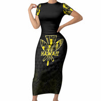 Personalised Aloha Hawaii Kahili Short Sleeve Bodycon Dress Kanaka Maoli With Kakau Pattern