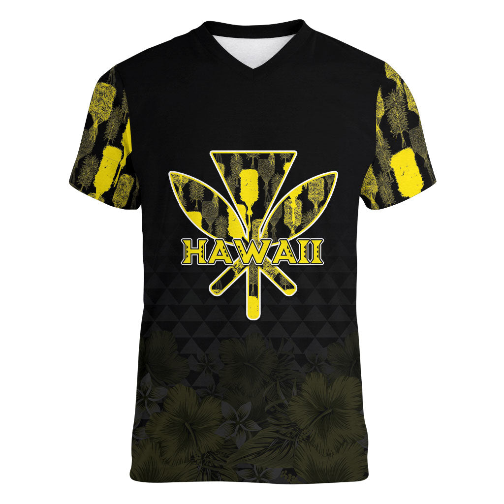 Personalised Aloha Hawaii Kahili Women V-Neck T-Shirt Kanaka Maoli With Kakau Pattern