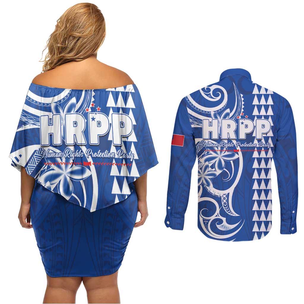 Samoa HRPP Party Couples Matching Off Shoulder Short Dress and Long Sleeve Button Shirt Polynesian Pattern - Polynesian Pride