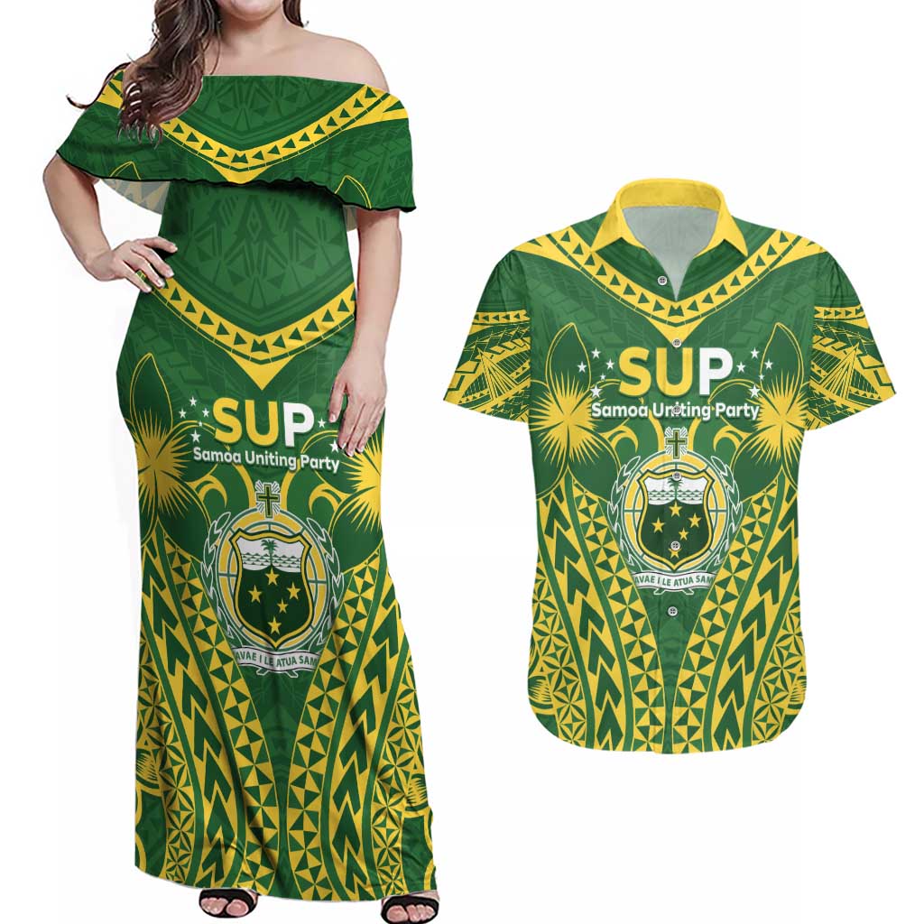 Samoa SUP Couples Matching Off Shoulder Maxi Dress and Hawaiian Shirt Samoan Coat Of Arms - Polynesian Pride