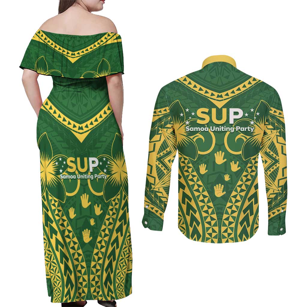 Samoa SUP Couples Matching Off Shoulder Maxi Dress and Long Sleeve Button Shirt Samoan Coat Of Arms - Polynesian Pride