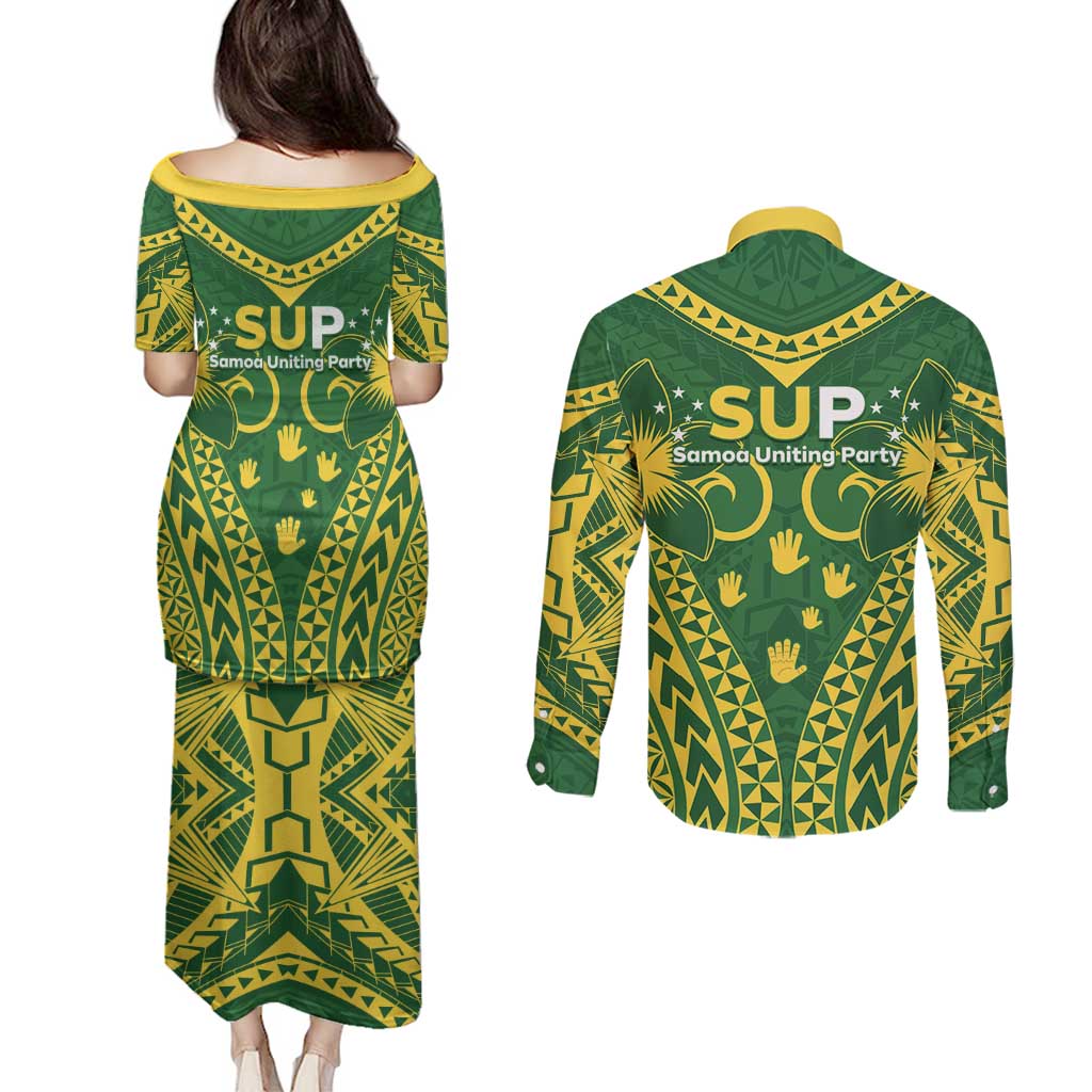 Samoa SUP Couples Matching Puletasi and Long Sleeve Button Shirt Samoan Coat Of Arms - Polynesian Pride