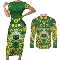 Samoa SUP Couples Matching Short Sleeve Bodycon Dress and Long Sleeve Button Shirt Samoan Coat Of Arms - Polynesian Pride