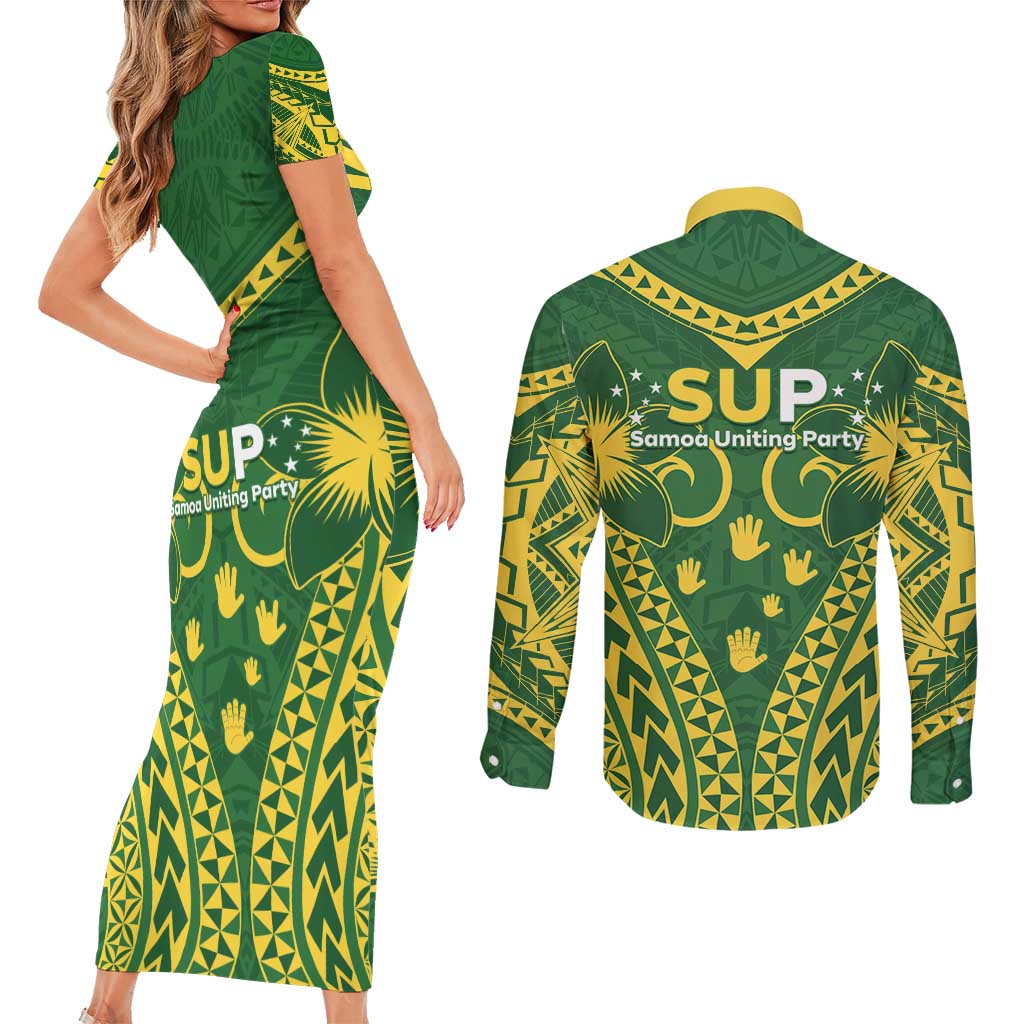 Samoa SUP Couples Matching Short Sleeve Bodycon Dress and Long Sleeve Button Shirt Samoan Coat Of Arms - Polynesian Pride