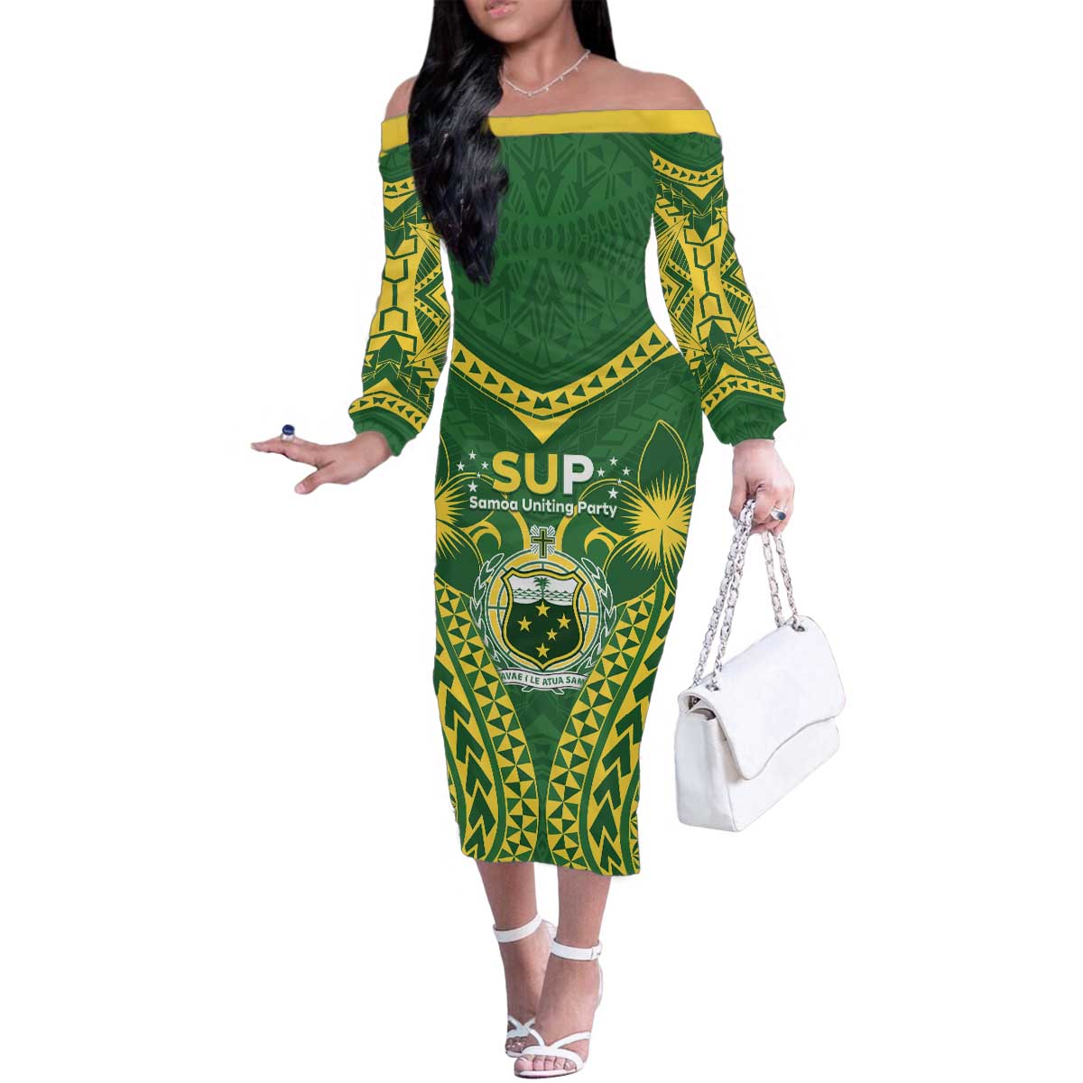 Samoa SUP Family Matching Off The Shoulder Long Sleeve Dress and Hawaiian Shirt Samoan Coat Of Arms - Polynesian Pride