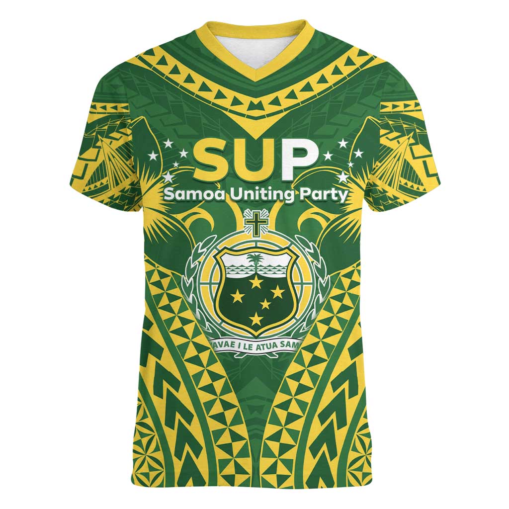Samoa SUP Women V-Neck T-Shirt Samoan Coat Of Arms LT05 Female Green - Polynesian Pride