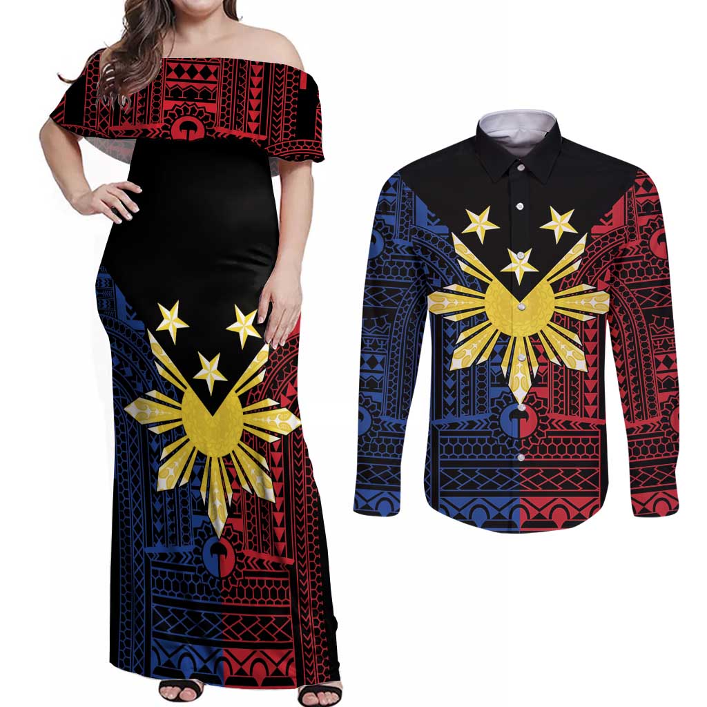 Philippines Sun Star Couples Matching Off Shoulder Maxi Dress and Long Sleeve Button Shirt Igorot Tribal Inspiration LT05 Black - Polynesian Pride