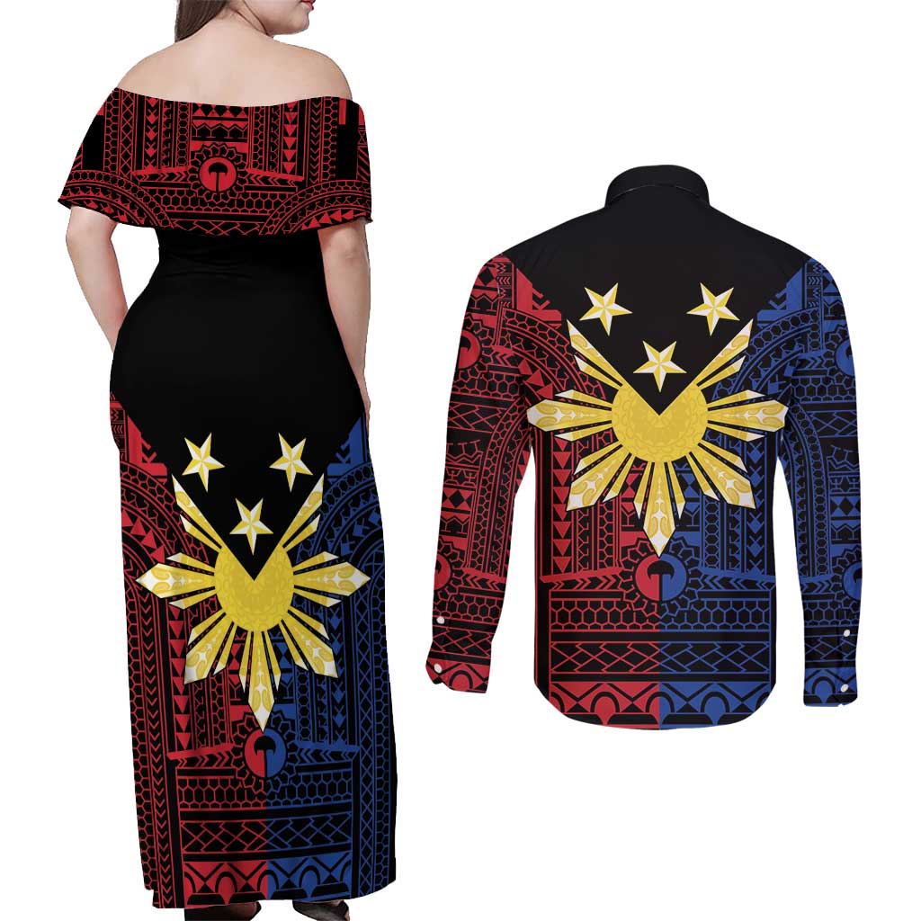 Philippines Sun Star Couples Matching Off Shoulder Maxi Dress and Long Sleeve Button Shirt Igorot Tribal Inspiration - Polynesian Pride