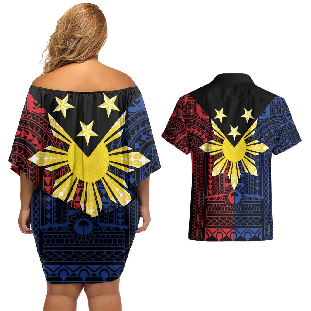 Philippines Sun Star Couples Matching Off Shoulder Short Dress and Hawaiian Shirt Igorot Tribal Inspiration - Polynesian Pride