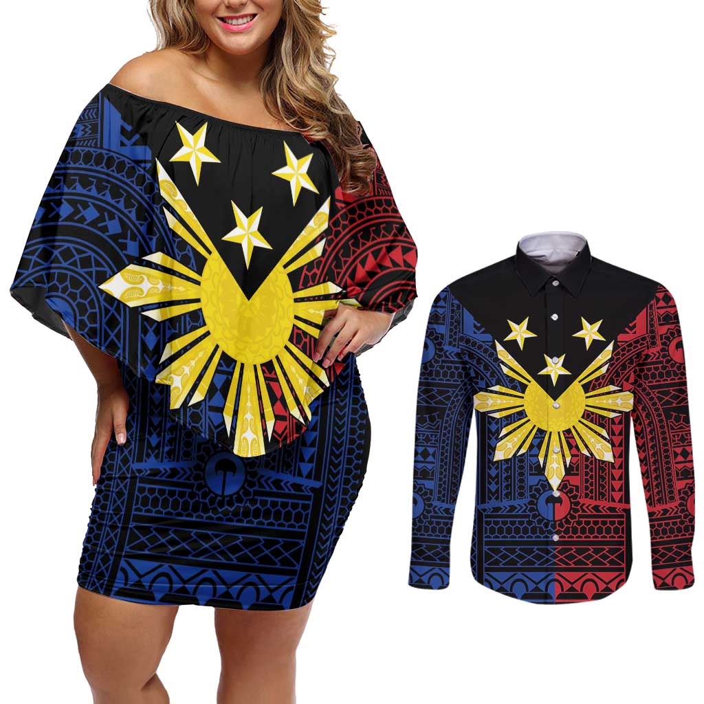 Philippines Sun Star Couples Matching Off Shoulder Short Dress and Long Sleeve Button Shirt Igorot Tribal Inspiration LT05 Black - Polynesian Pride