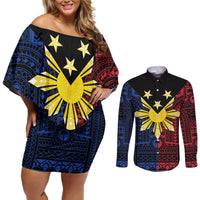 Philippines Sun Star Couples Matching Off Shoulder Short Dress and Long Sleeve Button Shirt Igorot Tribal Inspiration - Polynesian Pride