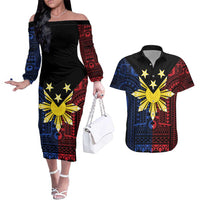 Philippines Sun Star Couples Matching Off The Shoulder Long Sleeve Dress and Hawaiian Shirt Igorot Tribal Inspiration - Polynesian Pride