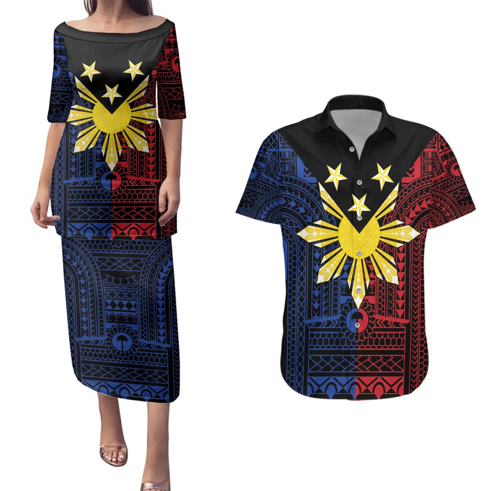 Philippines Sun Star Couples Matching Puletasi and Hawaiian Shirt Igorot Tribal Inspiration LT05 Black - Polynesian Pride