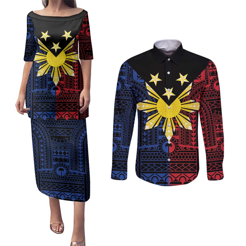 Philippines Sun Star Couples Matching Puletasi and Long Sleeve Button Shirt Igorot Tribal Inspiration LT05 Black - Polynesian Pride