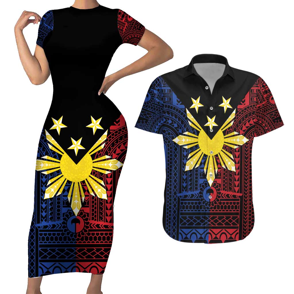 Philippines Sun Star Couples Matching Short Sleeve Bodycon Dress and Hawaiian Shirt Igorot Tribal Inspiration - Polynesian Pride