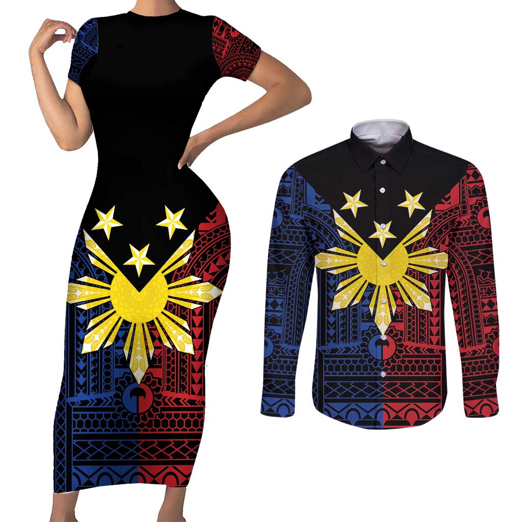 Philippines Sun Star Couples Matching Short Sleeve Bodycon Dress and Long Sleeve Button Shirt Igorot Tribal Inspiration - Polynesian Pride