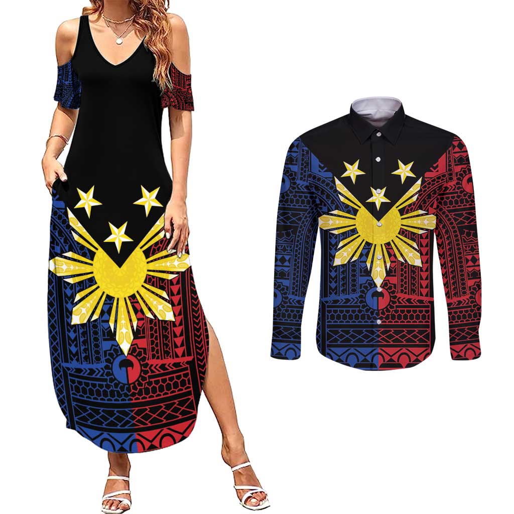 Philippines Sun Star Couples Matching Summer Maxi Dress and Long Sleeve Button Shirt Igorot Tribal Inspiration LT05 Black - Polynesian Pride
