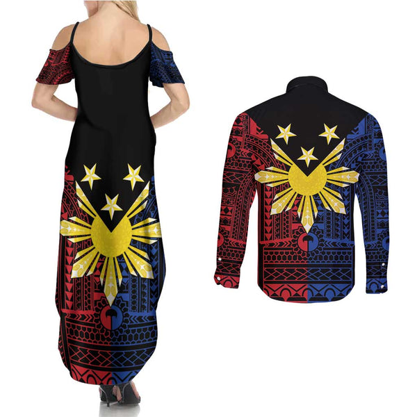 Cook Islands Rarotonga Couples Matching Summer Maxi Dress and Long Sleeve Button Shirts Coat Of Arms Plumeria Polynesian Turtle LT05 main image 1
