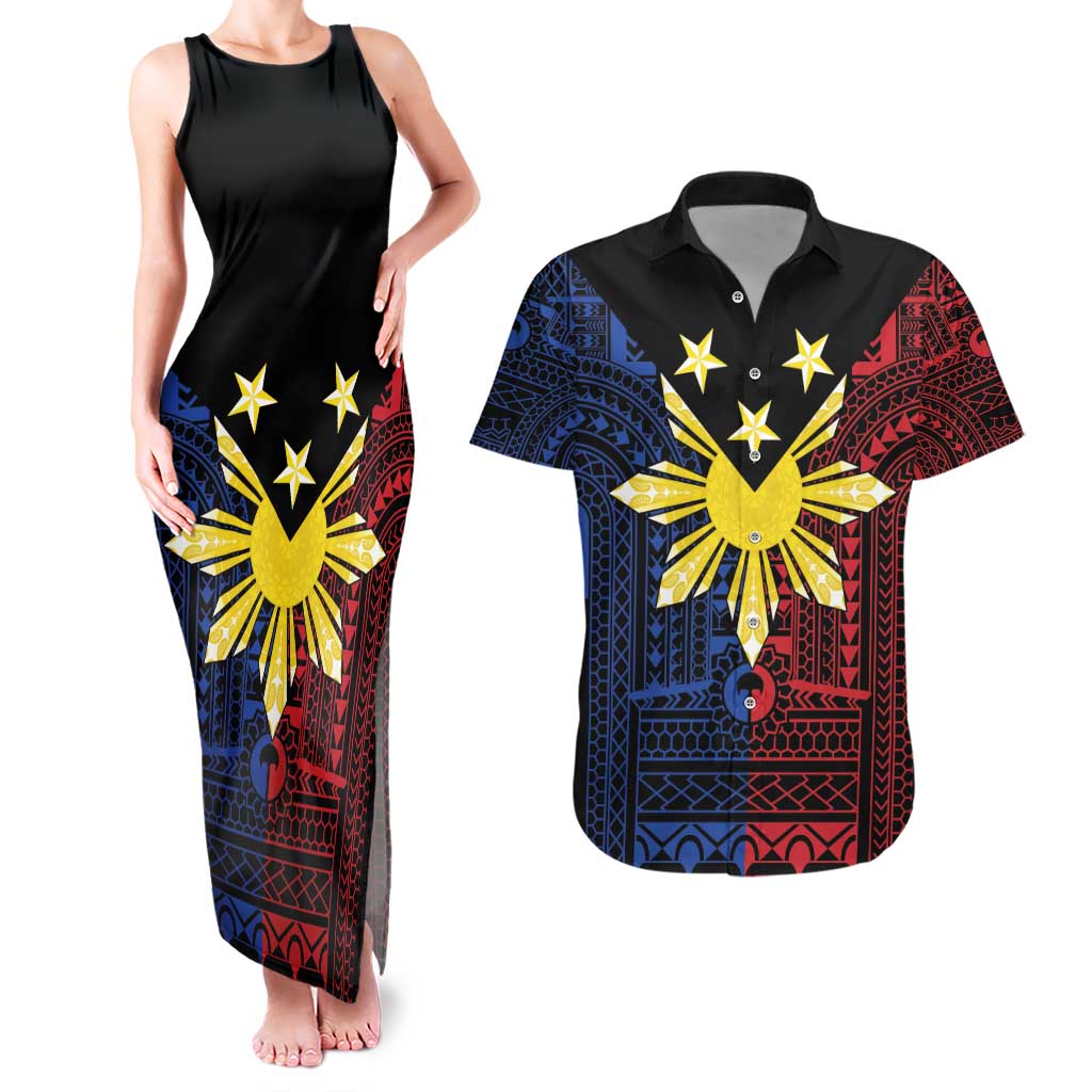 Philippines Sun Star Couples Matching Tank Maxi Dress and Hawaiian Shirt Igorot Tribal Inspiration - Polynesian Pride