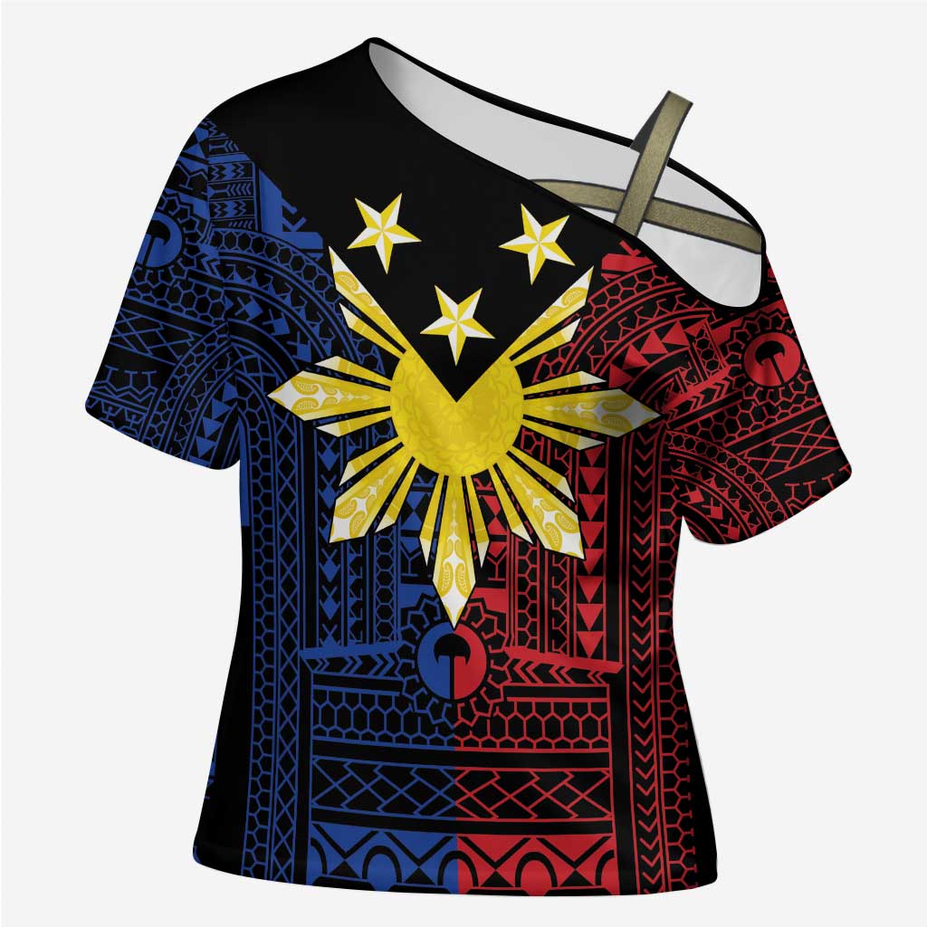 Philippines Sun Star Cross Shoulder Shirt Igorot Tribal Inspiration LT05 Female Black - Polynesian Pride