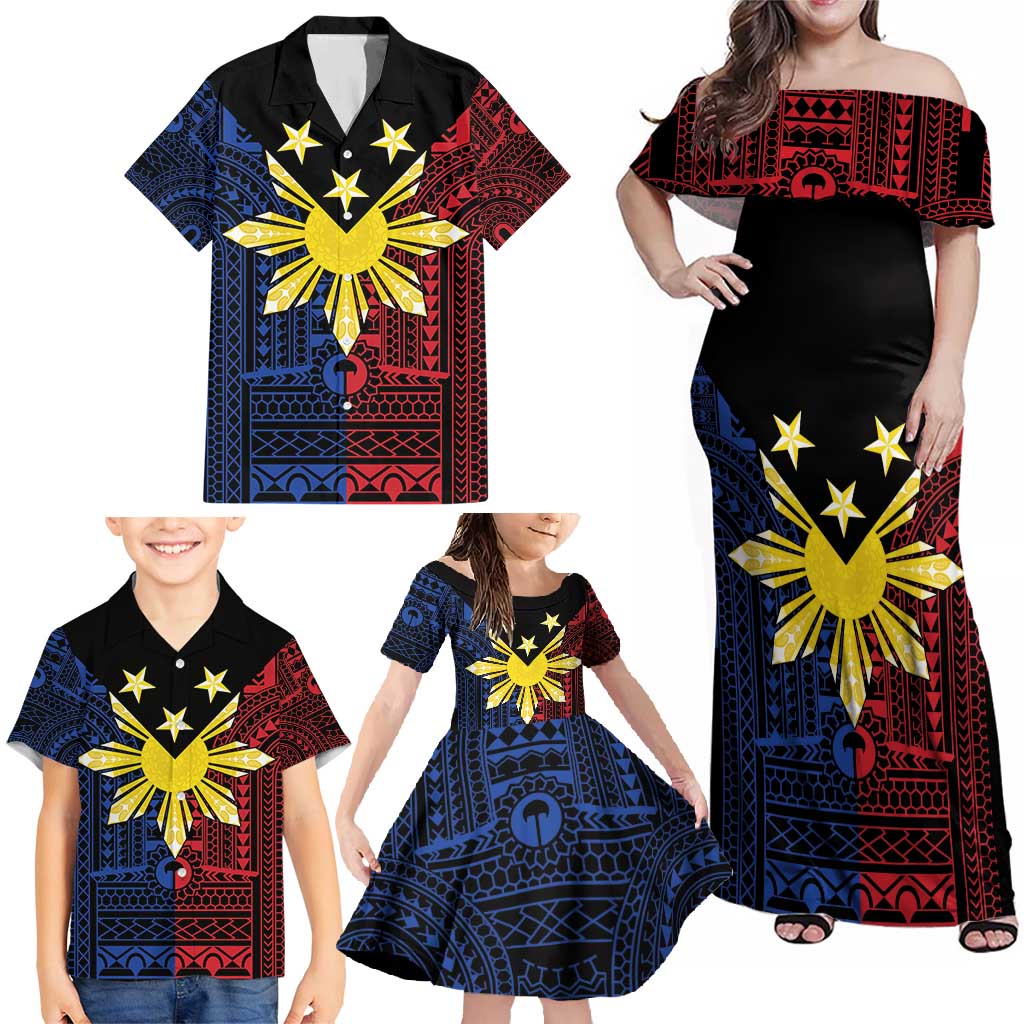 Philippines Sun Star Family Matching Off Shoulder Maxi Dress and Hawaiian Shirt Igorot Tribal Inspiration - Polynesian Pride
