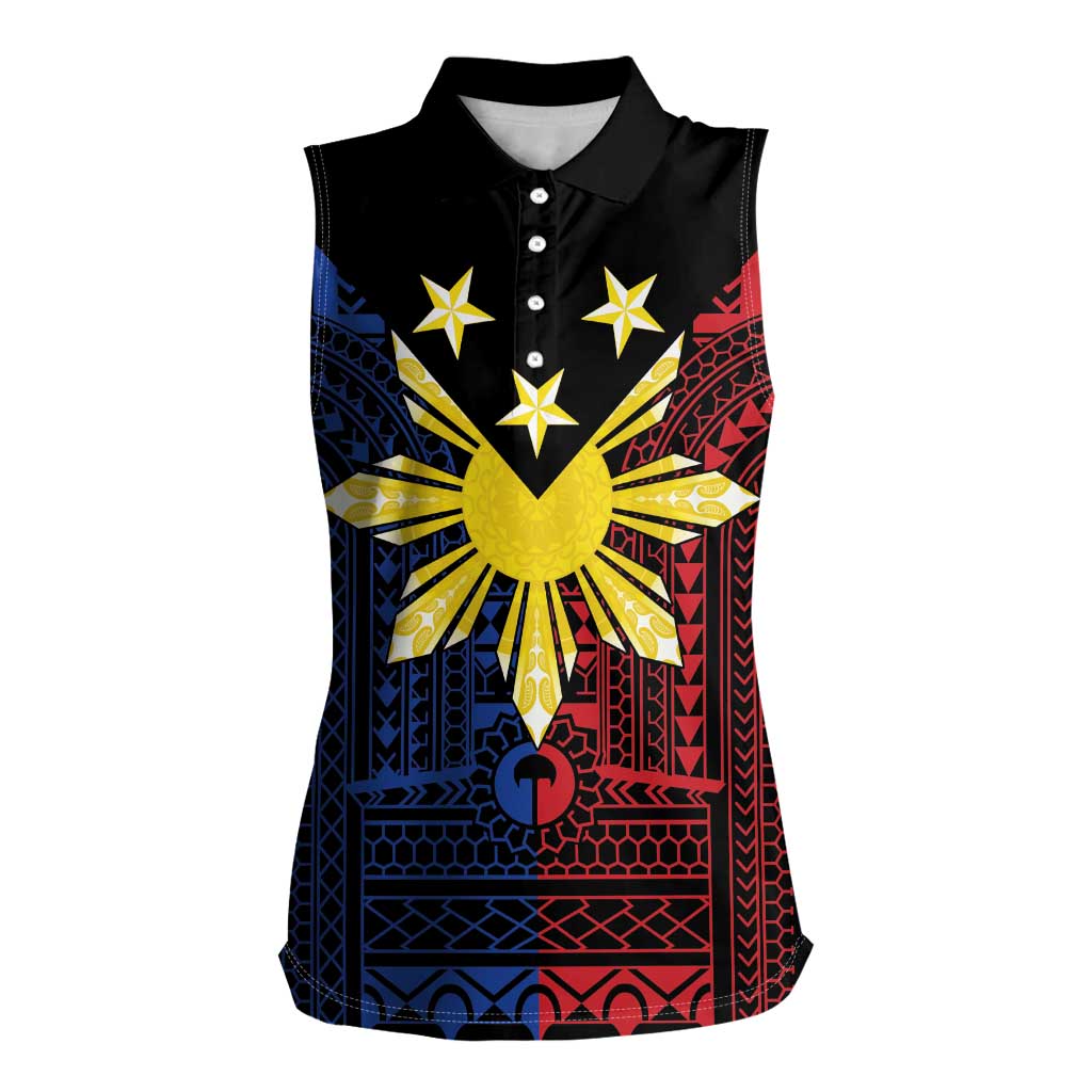 Philippines Sun Star Women Sleeveless Polo Shirt Igorot Tribal Inspiration LT05 Female Black - Polynesian Pride