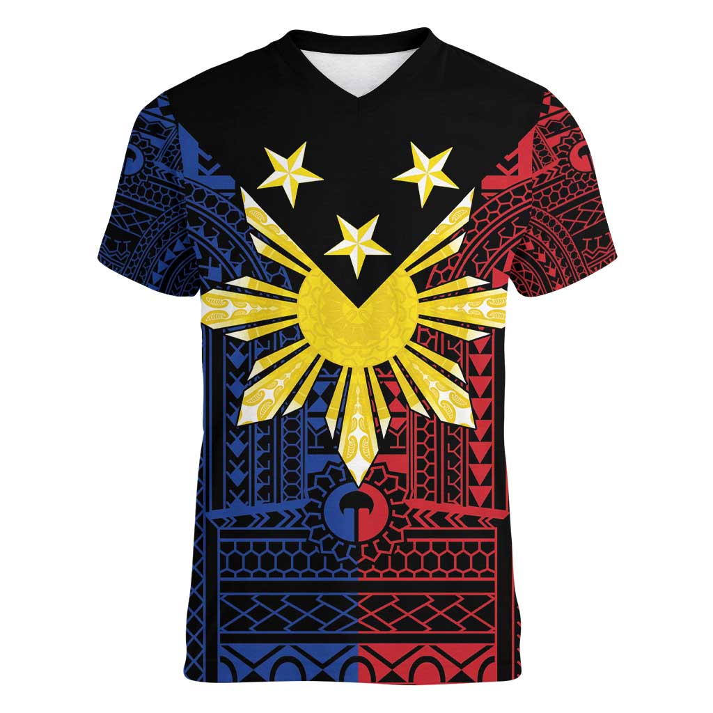 Philippines Sun Star Women V-Neck T-Shirt Igorot Tribal Inspiration LT05 Female Black - Polynesian Pride