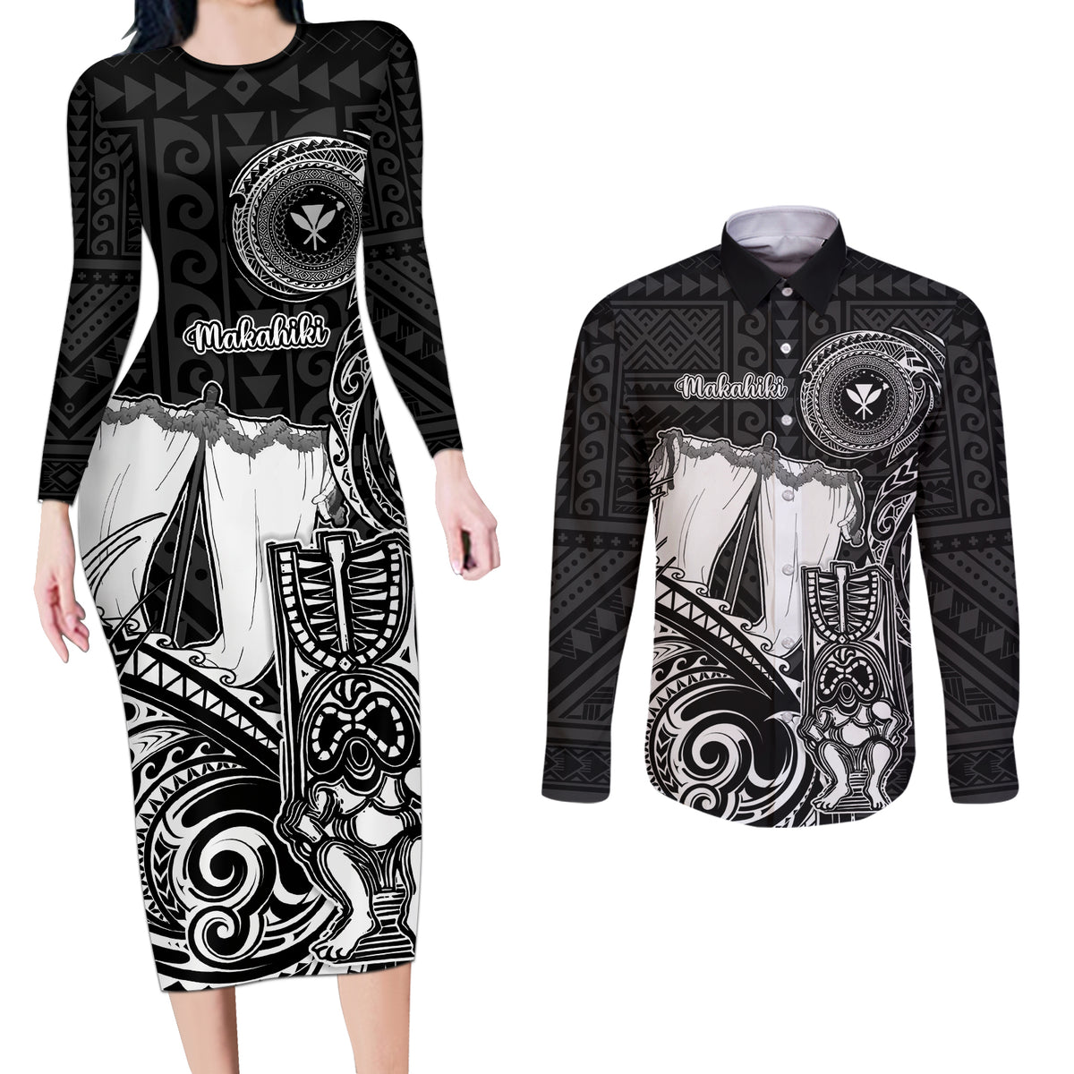 Personalized Hawaii Makahiki Season Couples Matching Long Sleeve Bodycon Dress and Long Sleeve Button Shirts Akua Loa Polynesian Pattern LT05 Black - Polynesian Pride