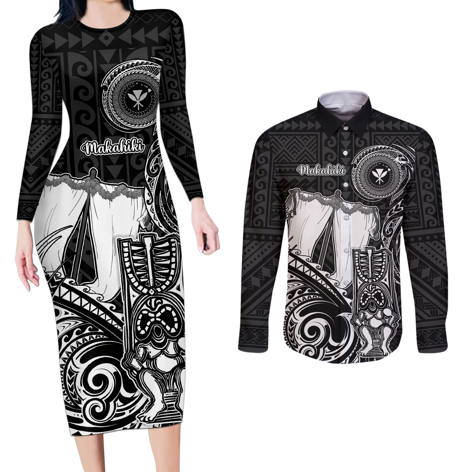 Personalized Hawaii Makahiki Season Couples Matching Long Sleeve Bodycon Dress and Long Sleeve Button Shirts Akua Loa Polynesian Pattern LT05 Black - Polynesian Pride