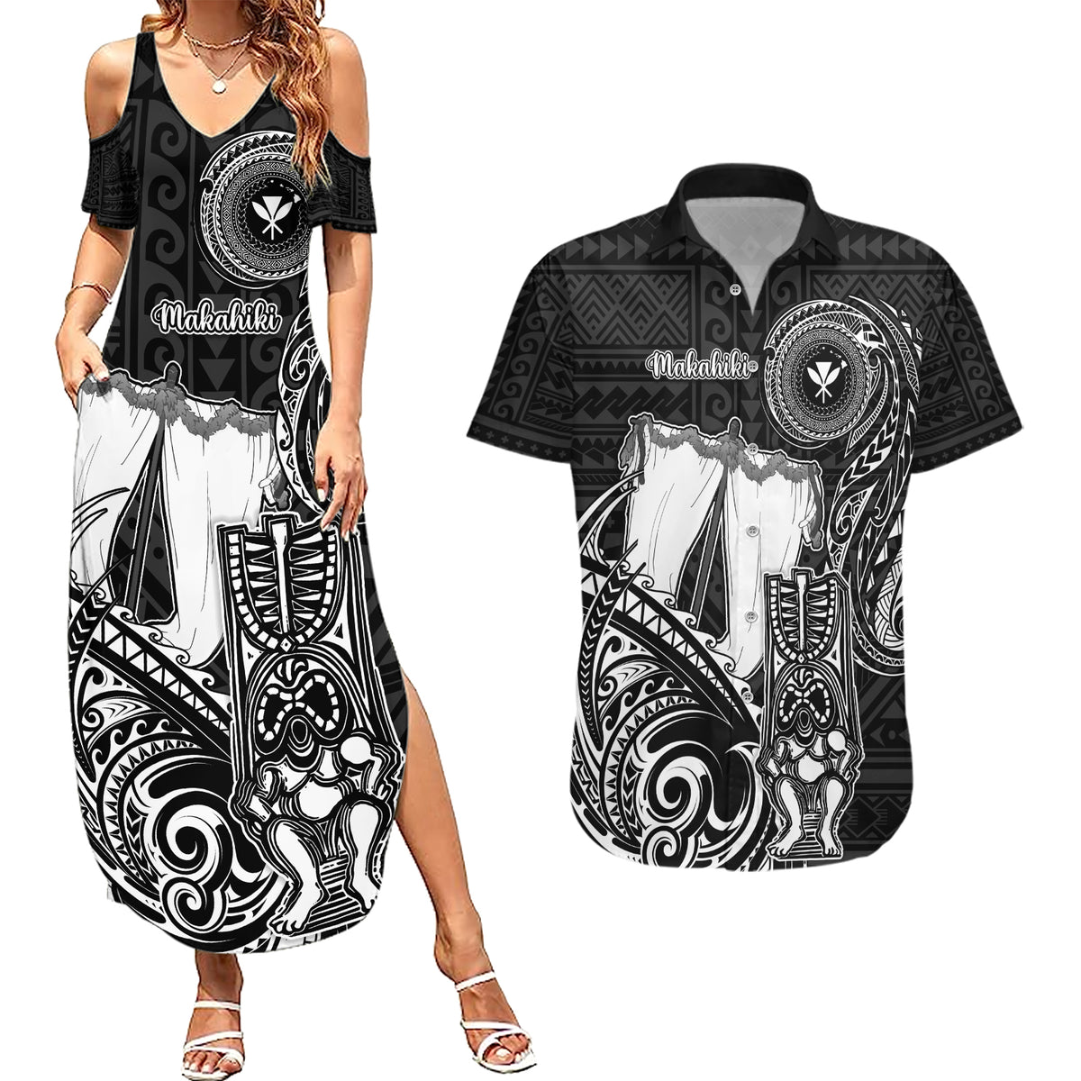 Personalized Hawaii Makahiki Season Couples Matching Summer Maxi Dress and Hawaiian Shirt Akua Loa Polynesian Pattern LT05 Black - Polynesian Pride