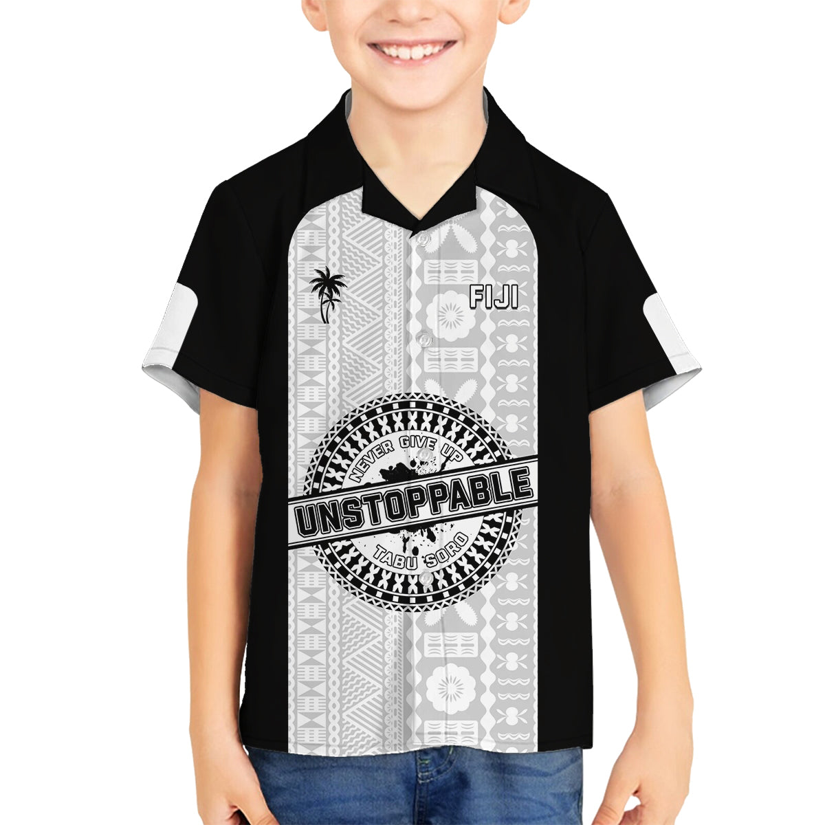 Personalized Fiji Obstacle Race 2023 Family Matching Off Shoulder Long Sleeve Dress and Hawaiian Shirt Never Give Up LT05 Son's Shirt Black - Polynesian Pride