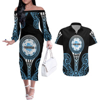 Personalized Fiji Obstacle Race 2023 Couples Matching Off The Shoulder Long Sleeve Dress and Hawaiian Shirt Go Champion LT05 Blue - Polynesian Pride