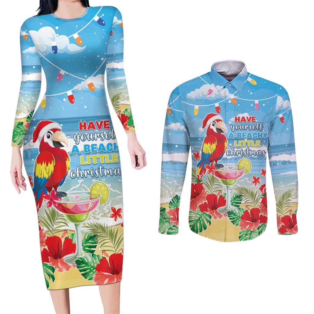 Hawaii Christmas Couples Matching Long Sleeve Bodycon Dress and Long Sleeve Button Shirt Funny Macaw Parrot Tropical Vibe LT05 Blue - Polynesian Pride