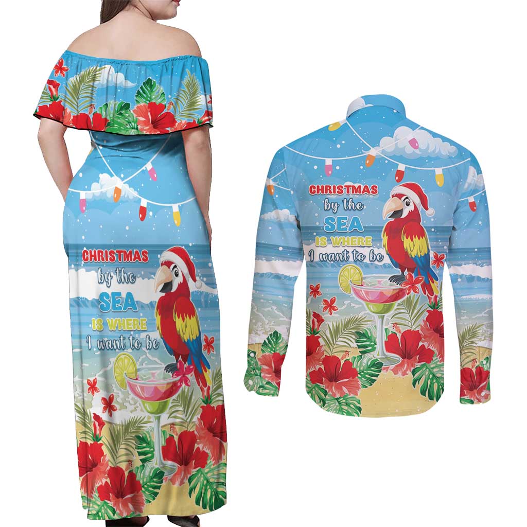 Hawaii Christmas Couples Matching Off Shoulder Maxi Dress and Long Sleeve Button Shirt Funny Macaw Parrot Tropical Vibe