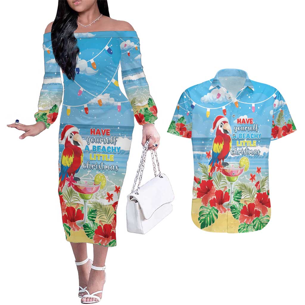 Hawaii Christmas Couples Matching Off The Shoulder Long Sleeve Dress and Hawaiian Shirt Funny Macaw Parrot Tropical Vibe LT05 Blue - Polynesian Pride