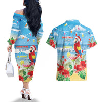 Hawaii Christmas Couples Matching Off The Shoulder Long Sleeve Dress and Hawaiian Shirt Funny Macaw Parrot Tropical Vibe