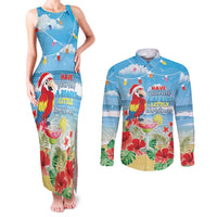 Hawaii Christmas Couples Matching Tank Maxi Dress and Long Sleeve Button Shirt Funny Macaw Parrot Tropical Vibe LT05 Blue - Polynesian Pride