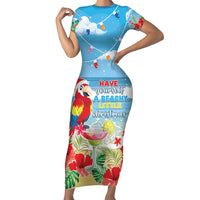 Hawaii Christmas Short Sleeve Bodycon Dress Funny Macaw Parrot Tropical Vibe LT05 Long Dress Blue - Polynesian Pride