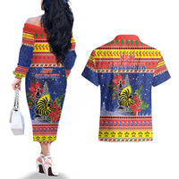 New Caledonia Christmas Couples Matching Off The Shoulder Long Sleeve Dress and Hawaiian Shirt Kanaky Poinsettia Joyeux Noel