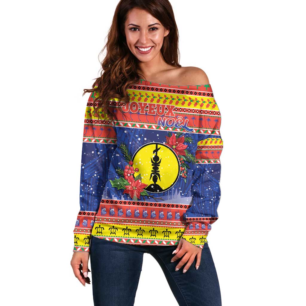 New Caledonia Christmas Off Shoulder Sweater Kanaky Poinsettia Joyeux Noel LT05 Women Red - Polynesian Pride