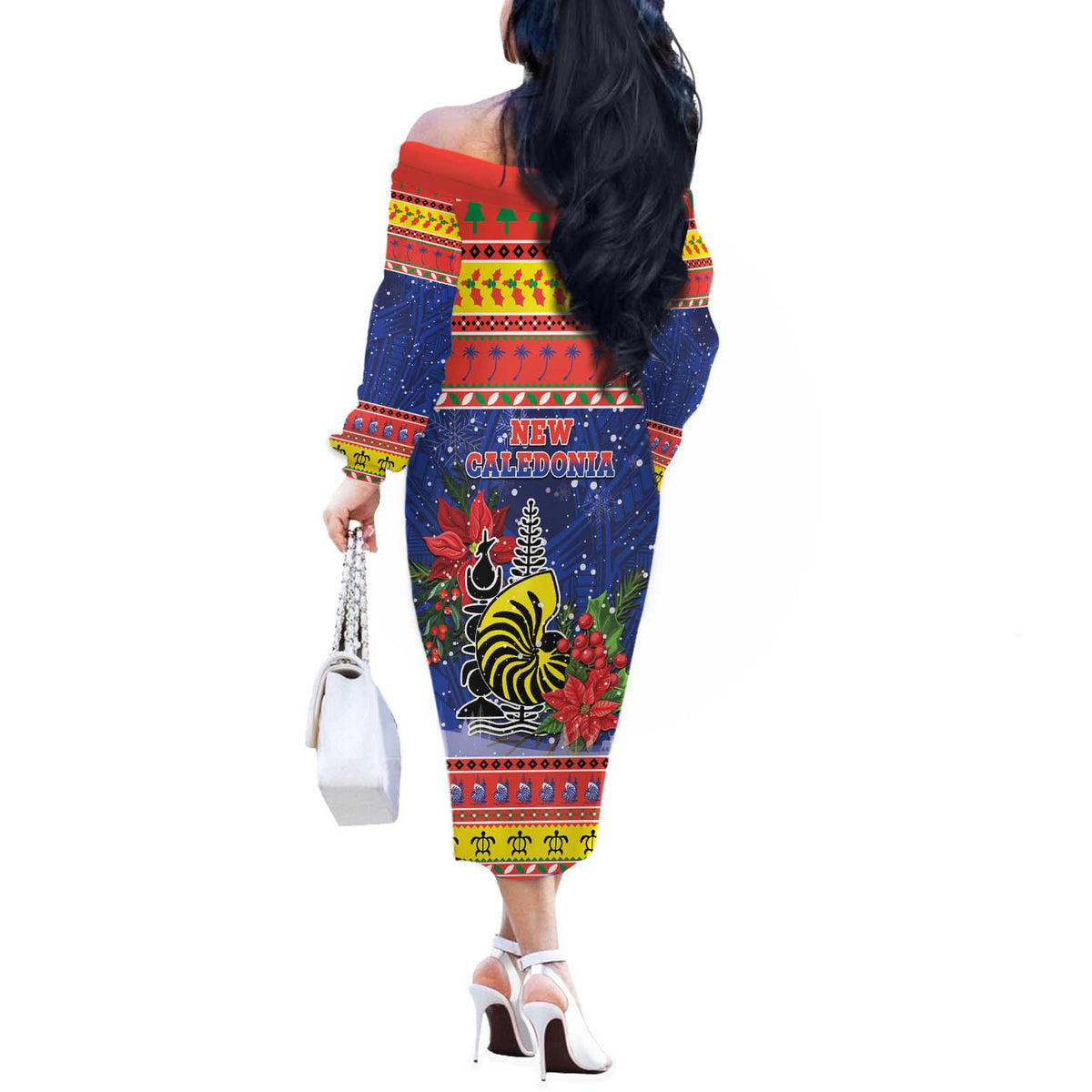 New Caledonia Christmas Off The Shoulder Long Sleeve Dress Kanaky Poinsettia Joyeux Noel